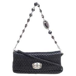 Miu Miu Dark Blue Matelassé Leather Crystal Shoulder Bag