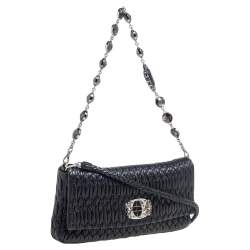 Miu Miu Dark Blue Matelassé Leather Crystal Shoulder Bag