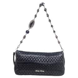Miu Miu Dark Blue Matelassé Leather Crystal Shoulder Bag