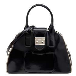 Pre Owned Miu Miu Black Patent Leather Double Zip Bowling Shoulder Bag