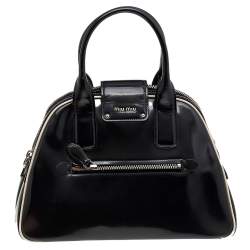 Pre Owned Miu Miu Black Patent Leather Double Zip Bowling Shoulder Bag