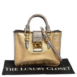 Miu Miu Silver/Gold Madras Leather Push Lock Tote