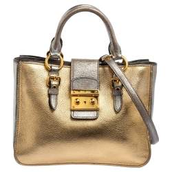 Miu Miu Silver/Gold Madras Leather Push Lock Tote