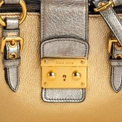 Miu Miu Silver/Gold Madras Leather Push Lock Tote