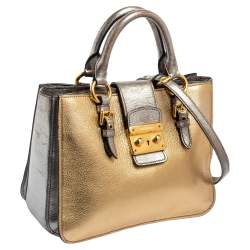 Miu Miu Silver/Gold Madras Leather Push Lock Tote