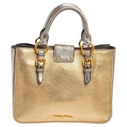Miu Miu Silver/Gold Madras Leather Push Lock Tote