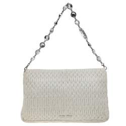 Pre Owned Miu Miu White Matelassé Leather Crystal Embellished Shoulder Bag