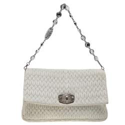 Pre Owned Miu Miu White Matelassé Leather Crystal Embellished Shoulder Bag