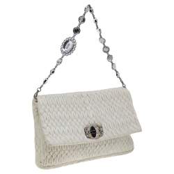 Pre Owned Miu Miu White Matelassé Leather Crystal Embellished Shoulder Bag