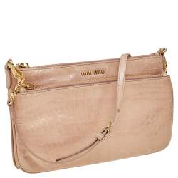 Pre Owned Miu Miu Beige Croc Embossed Patent Leather Crossbody Bag