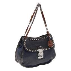 Miu Miu Navy Blue/Brown Leather Studded Chain Shoulder Bag