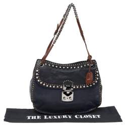 Miu Miu Navy Blue/Brown Leather Studded Chain Shoulder Bag