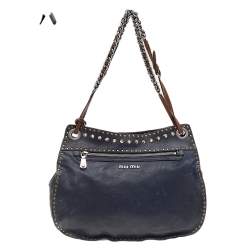 Miu Miu Navy Blue/Brown Leather Studded Chain Shoulder Bag