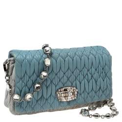 Pre Owned Miu Miu Blue Leather Matelassé Nappa Iconic Crystal Shoulder Bag