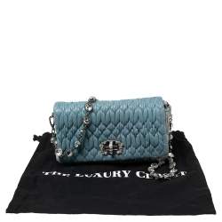 Pre Owned Miu Miu Blue Leather Matelassé Nappa Iconic Crystal Shoulder Bag