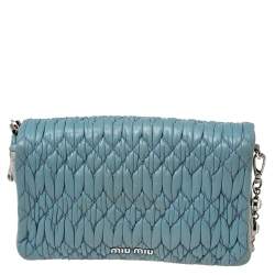 Pre Owned Miu Miu Blue Leather Matelassé Nappa Iconic Crystal Shoulder Bag