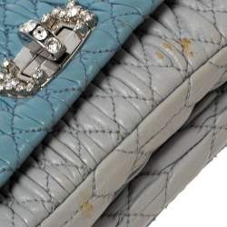 Pre Owned Miu Miu Blue Leather Matelassé Nappa Iconic Crystal Shoulder Bag
