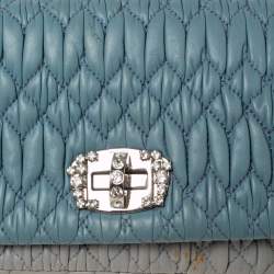 Pre Owned Miu Miu Blue Leather Matelassé Nappa Iconic Crystal Shoulder Bag