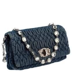 Pre Owned Miu Miu Blue Denim Crystal Embellished Shoulder Bag