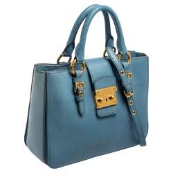 Pre Owned Miu Miu Two Tone Blue Madras Leather Tote
