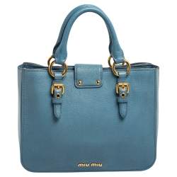 Pre Owned Miu Miu Two Tone Blue Madras Leather Tote