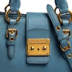 Pre Owned Miu Miu Two Tone Blue Madras Leather Tote