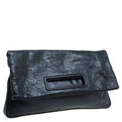  Miu Miu Black Glazed Distressed Leather Oversized Clutch
