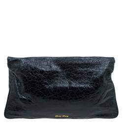  Miu Miu Black Glazed Distressed Leather Oversized Clutch
