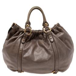 Miu Miu Grey Vitello Shine Leather Gathered Tote