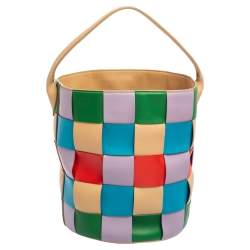 Pre Owned Miu Miu Multicolor Woven Leather Bucket Hobo