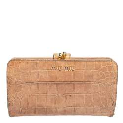 Miu Miu Beige Croc Embossed Leather Long Wallet