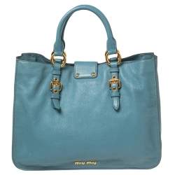 Miu Miu Blue Madras Leather Tote