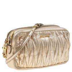 Pre Owned Miu Miu Metallic Gold Matelasse Leather Double Zip Crossbody Bag