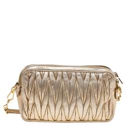 Pre Owned Miu Miu Metallic Gold Matelasse Leather Double Zip Crossbody Bag