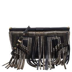 مملوكة مسبقًا Miu Miu Black Leather Crystal Embellished Fringed Clutch