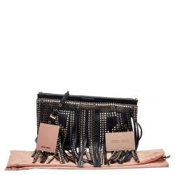 مملوكة مسبقًا Miu Miu Black Leather Crystal Embellished Fringed Clutch