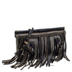 مملوكة مسبقًا Miu Miu Black Leather Crystal Embellished Fringed Clutch