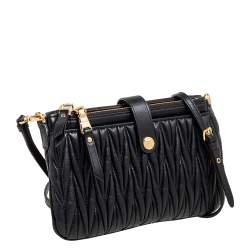 Pre Owned Miu Miu Black Matelassé Leather Zip Crossbody Bag
