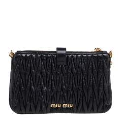 Pre Owned Miu Miu Black Matelassé Leather Zip Crossbody Bag