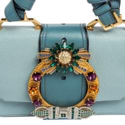 Miu Miu Two Tone Blue Leather Crystal Embellished Flap Top Handle Bag