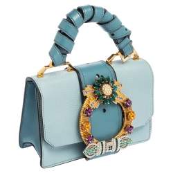 Miu Miu Two Tone Blue Leather Crystal Embellished Flap Top Handle Bag