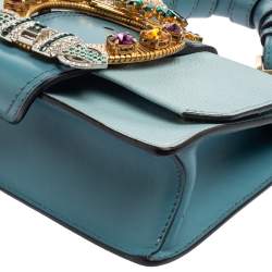 Miu Miu Two Tone Blue Leather Crystal Embellished Flap Top Handle Bag