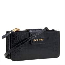 Miu Miu Black Croc Embossed Leather Crossbody Bag