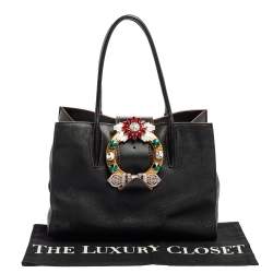 Pre Owned Miu Miu Black Leather Crystal Embellished Buckle Flap Tote