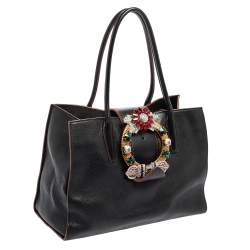Pre Owned Miu Miu Black Leather Crystal Embellished Buckle Flap Tote