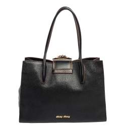 Pre Owned Miu Miu Black Leather Crystal Embellished Buckle Flap Tote