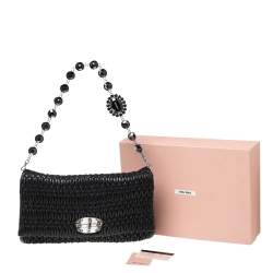 Pre Owned Miu Miu Black Matelassé Leather Crystal Flap Shoulder Bag 
