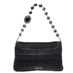Pre Owned Miu Miu Black Matelassé Leather Crystal Flap Shoulder Bag 