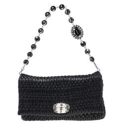 Pre Owned Miu Miu Black Matelassé Leather Crystal Flap Shoulder Bag 