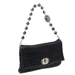 Pre Owned Miu Miu Black Matelassé Leather Crystal Flap Shoulder Bag 